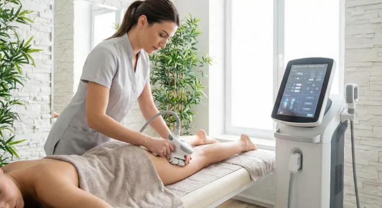 A therapist in a grey uniform performing a leg treatment with a handheld device next to a large window.