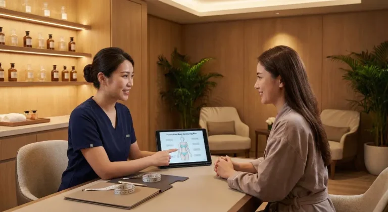 An aesthetician in blue scrubs explains a treatment plan to a client using a tablet that displays an anatomical diagram of the human torso.