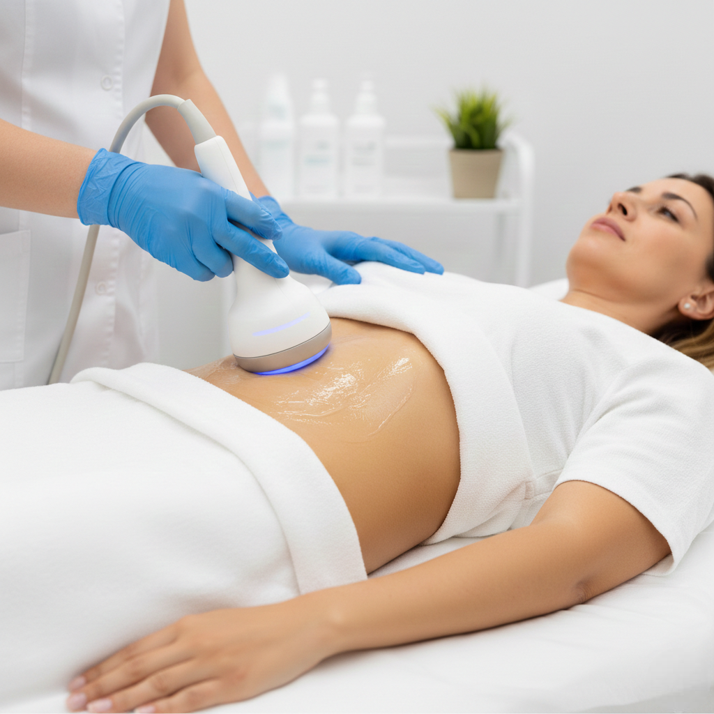 A professional aesthetician in blue gloves performing an ultrasound cavitation treatment on a woman's abdomen in a clean, white spa setting.