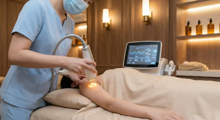A skincare professional using a handheld laser device on a client’s arm in a luxury medical spa.