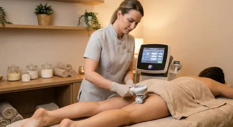 A therapist using a roller-based mechanical massage device on a client's upper thigh.