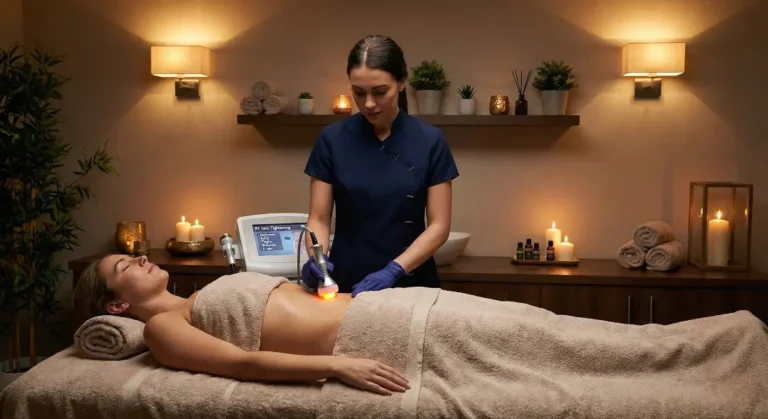 A therapist in a dark uniform applying a treatment device to a client's abdomen in a candlelit room.