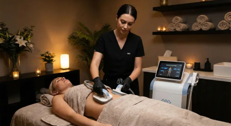 A specialist in a black uniform using dual applicators on a patient's stomach in a spa room.