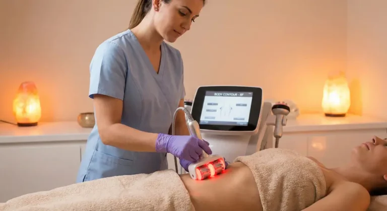 A specialist in a light blue uniform applying a red-light therapy device to a client's stomach.