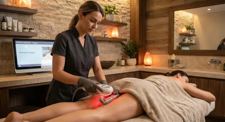 A professional in a dark grey uniform applying a red-light device to a patient's thigh in a spa.