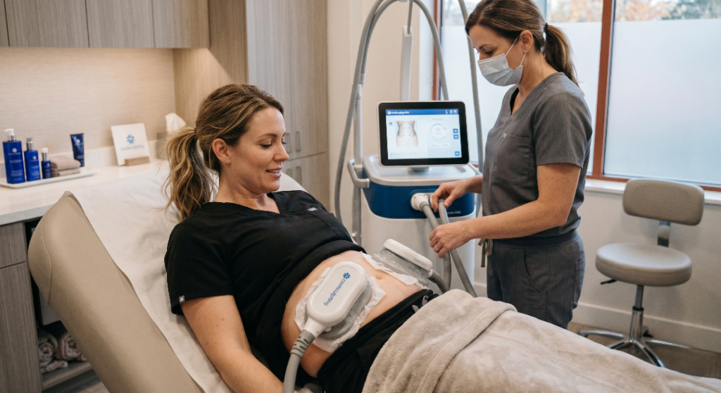 A female patient lying on a treatment bed while a medical professional in a mask and scrubs applies a CoolSculpting Elite applicator to her abdomen in a clean, modern clinic setting.