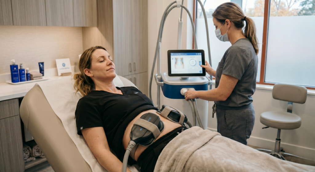 A patient relaxes on a treatment bed while a specialist uses a CoolSculpting Elite machine to perform a non-invasive fat reduction procedure on the abdomen.