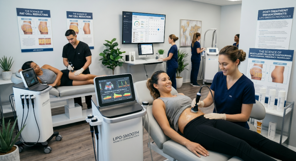 Multiple patients receive body contouring treatments from specialists using the Lipo-Smooth system in a modern, professional medical spa environment with educational displays.