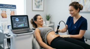 A medical professional in navy scrubs uses a Lipo-Smooth applicator on a female patient's abdomen in a modern clinical setting with educational posters in the background.