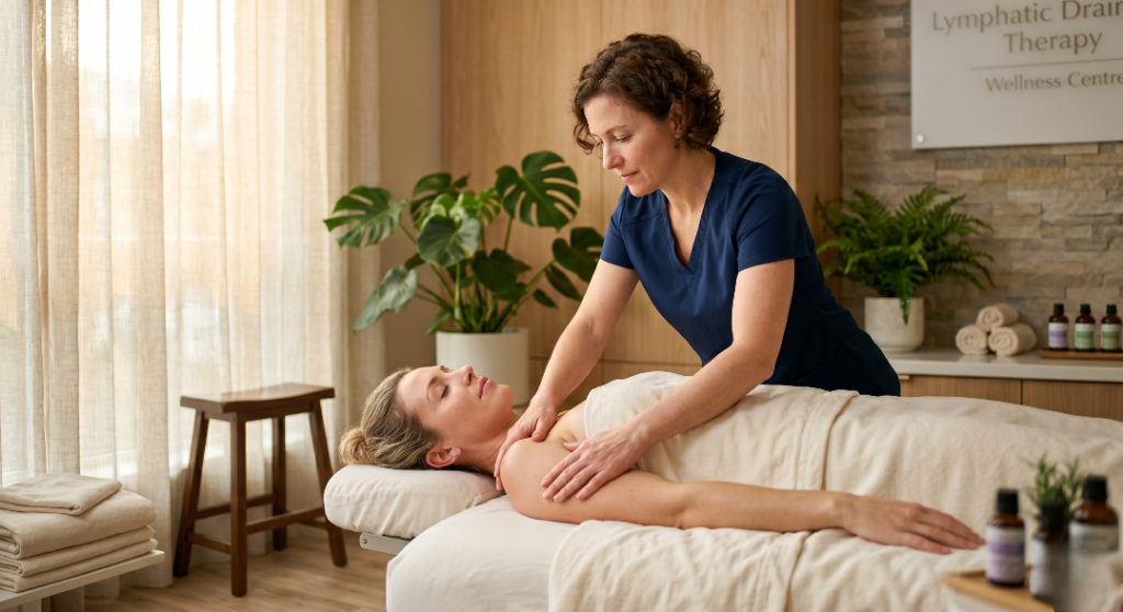 A massage therapist in a navy blue uniform performs lymphatic drainage therapy on a woman’s shoulder and neck area in a serene, plant-filled wellness clinic.