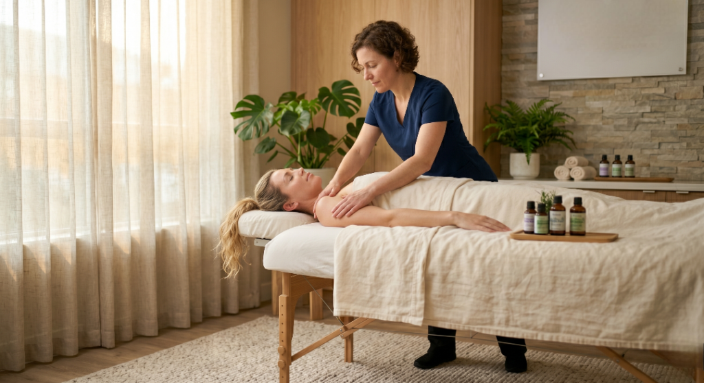 A therapist in navy scrubs performs a manual lymphatic drainage massage on a patient's shoulder in a serene wellness center with natural lighting.