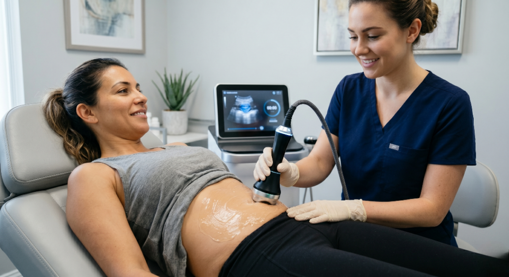 A medical professional in navy scrubs and gloves performs a body sculpting treatment on a female patient's abdomen using a specialized ultrasound device in a bright, modern clinic.