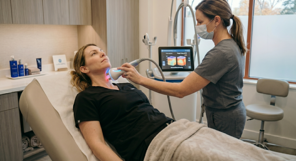 A skincare specialist in a medical mask performs a radiofrequency facial treatment on a patient's jawline and neck using a specialized wand in a modern clinic.
