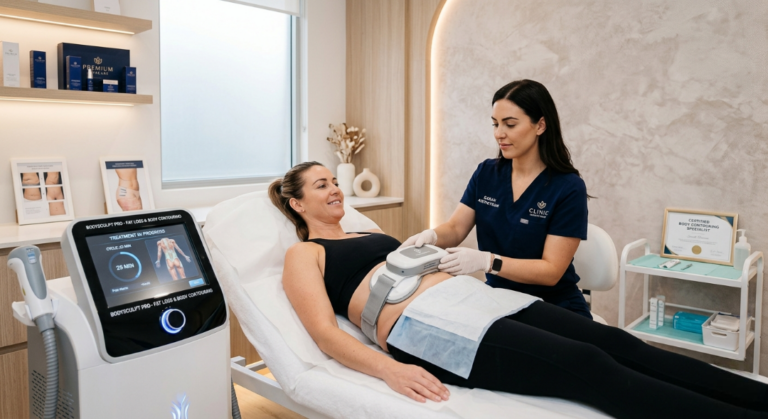 A clinician in navy scrubs adjusting an applicator on a client's abdomen during a BodySculpt Pro session, with a digital monitor showing treatment progress.