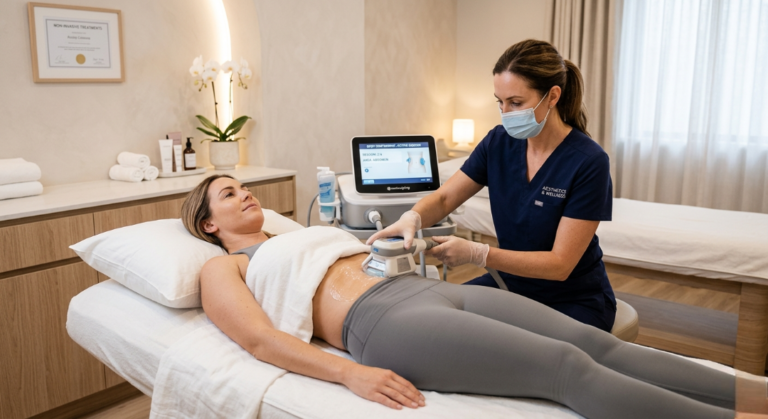 A clinician wearing a face mask and navy scrubs applies a cooling applicator to a client's abdomen during a non-invasive fat freezing session.