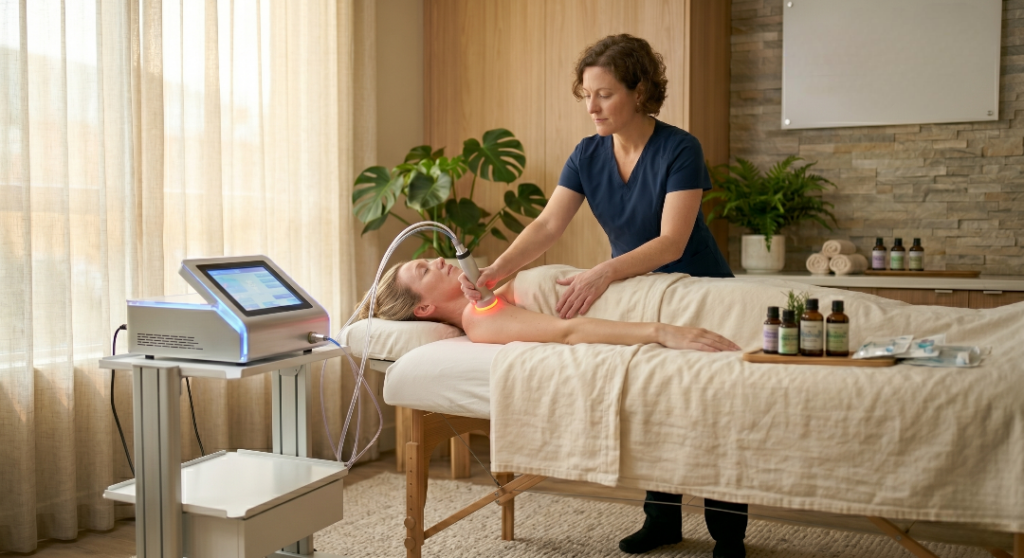 A therapist in a navy uniform uses a red light laser lipo device on a patient's shoulder area within a serene wellness clinic.
