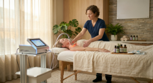 A therapist in a navy uniform uses a red light laser lipo device on a patient's shoulder area within a serene wellness clinic.
