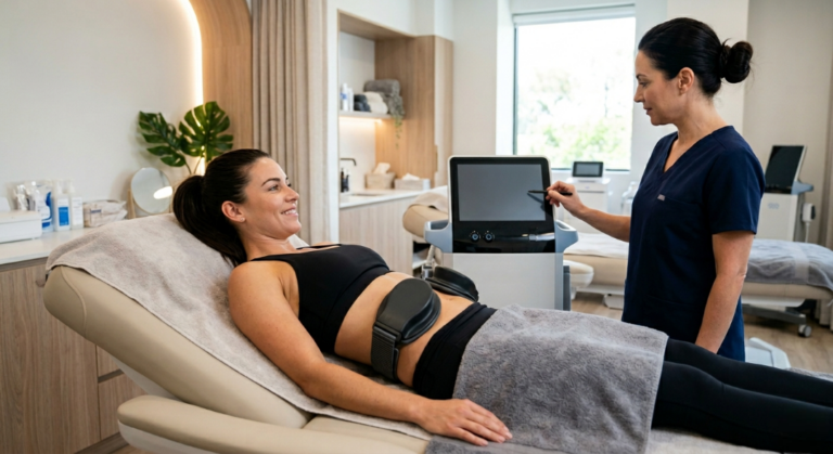 A woman lying on a treatment bed with muscle stimulation paddles on her abdomen while a clinician points to a digital control screen.