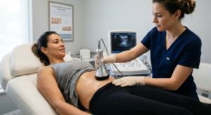 A specialist in navy scrubs uses an ultrasound cavitation wand on a female patient's abdomen in a clean, modern medical spa setting.
