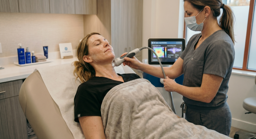 A medical professional in scrubs and a mask uses a hand-held RF skin tightening device on a female patient’s neck and jawline in a modern clinical room.